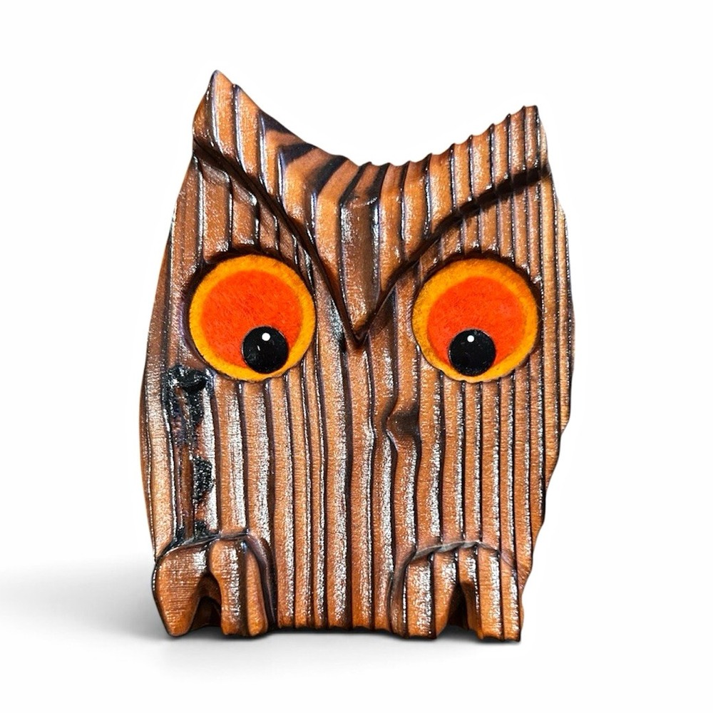 Vtg Carved Wood Owl Bird Figurine with Orange Felt Eyes, Folk Art, Boho, MCM
